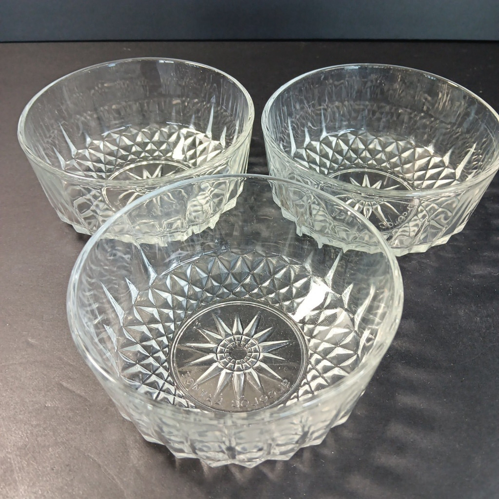 Set Of 3 Arcoroc Arcopal France Diamond Star Clear Glass Berry Dessert Bowls FR